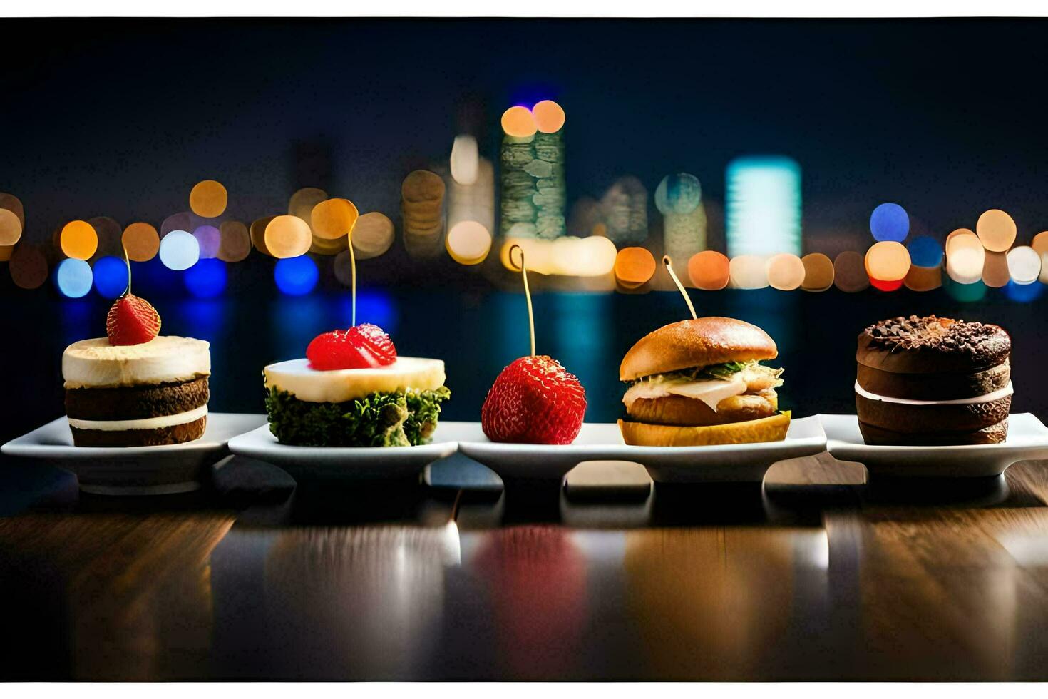 a line of desserts on a table in front of a city skyline. AI-Generated photo