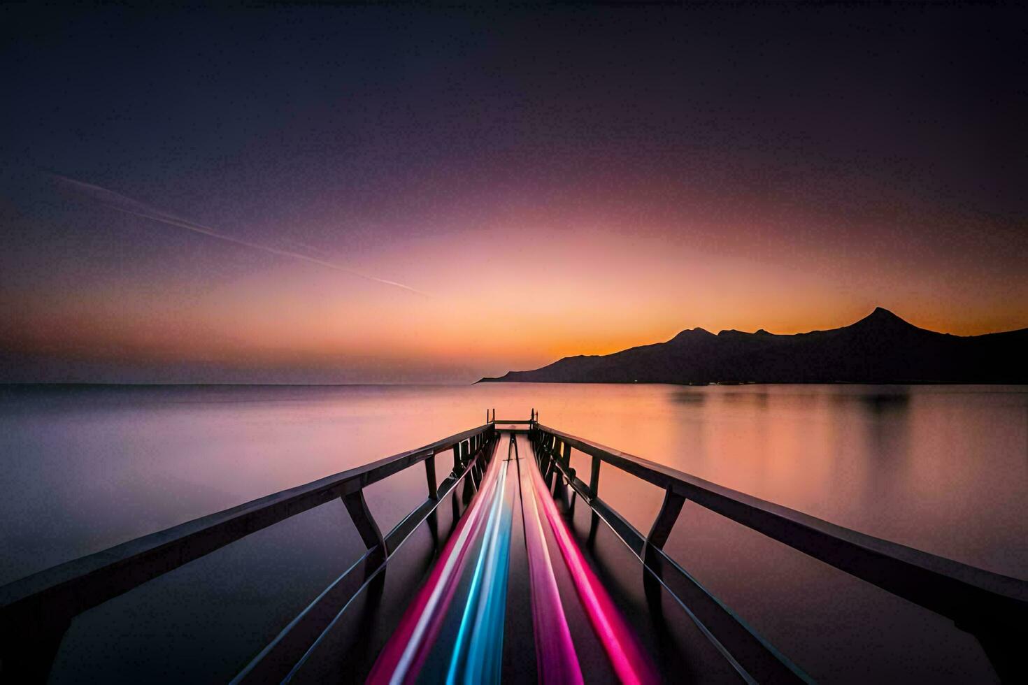 a long exposure photo of a pier with a colorful light trail. AI-Generated