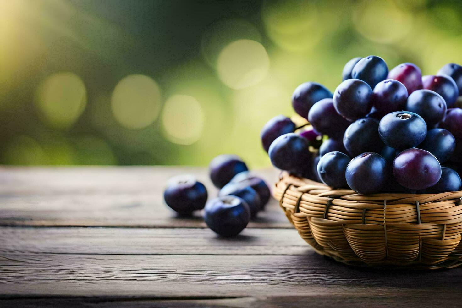 a basket of blue grapes on a wooden table. AI-Generated photo