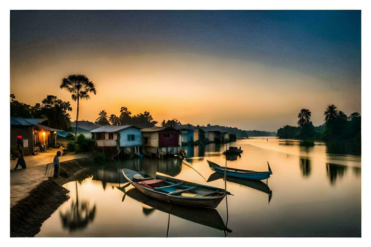 boats are docked on the river at sunset. AI-Generated photo