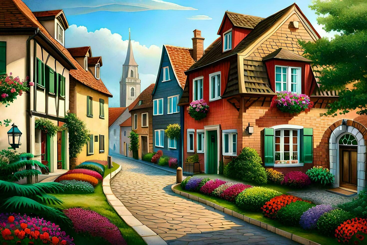 a painting of a street with colorful houses. AI-Generated photo