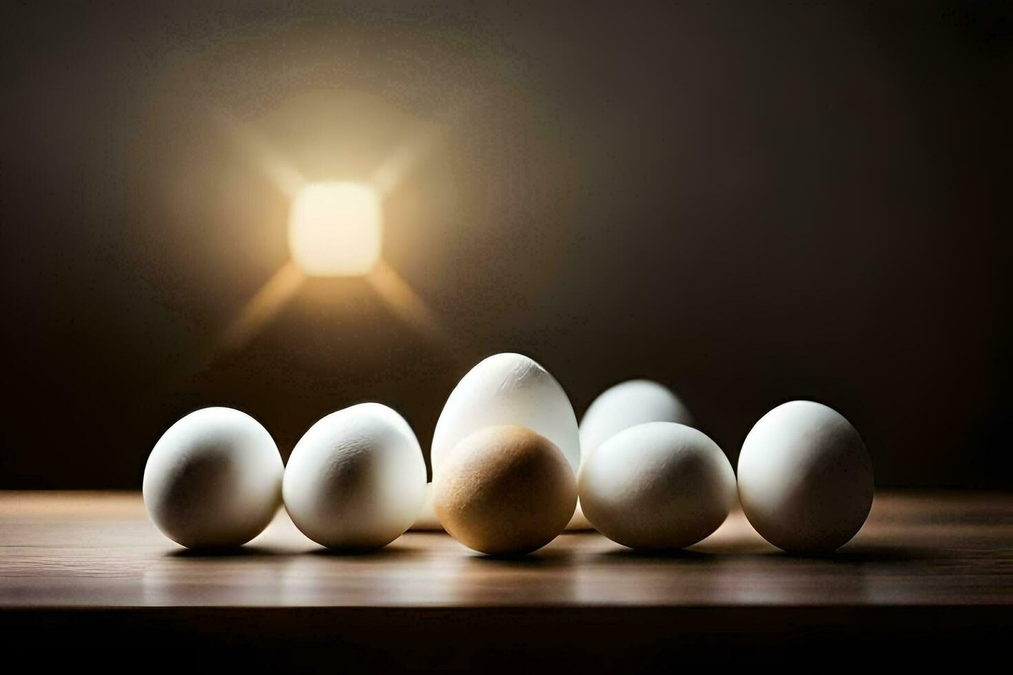 white eggs in a row with a brown egg in the middle. AI-Generated photo