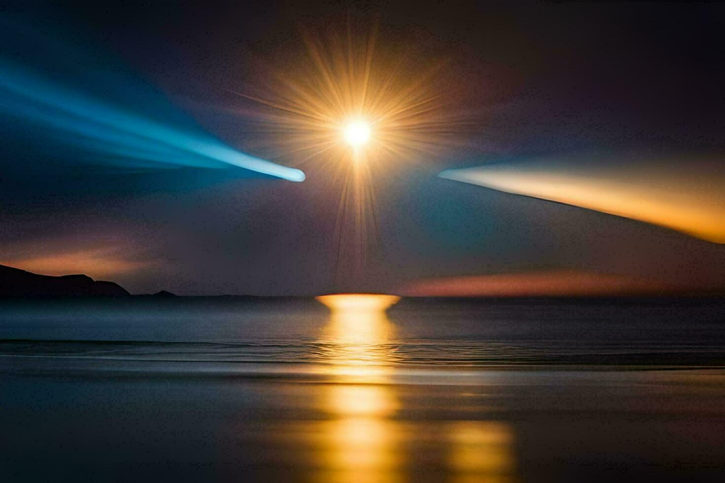 the sun shines brightly over the ocean. AI-Generated photo