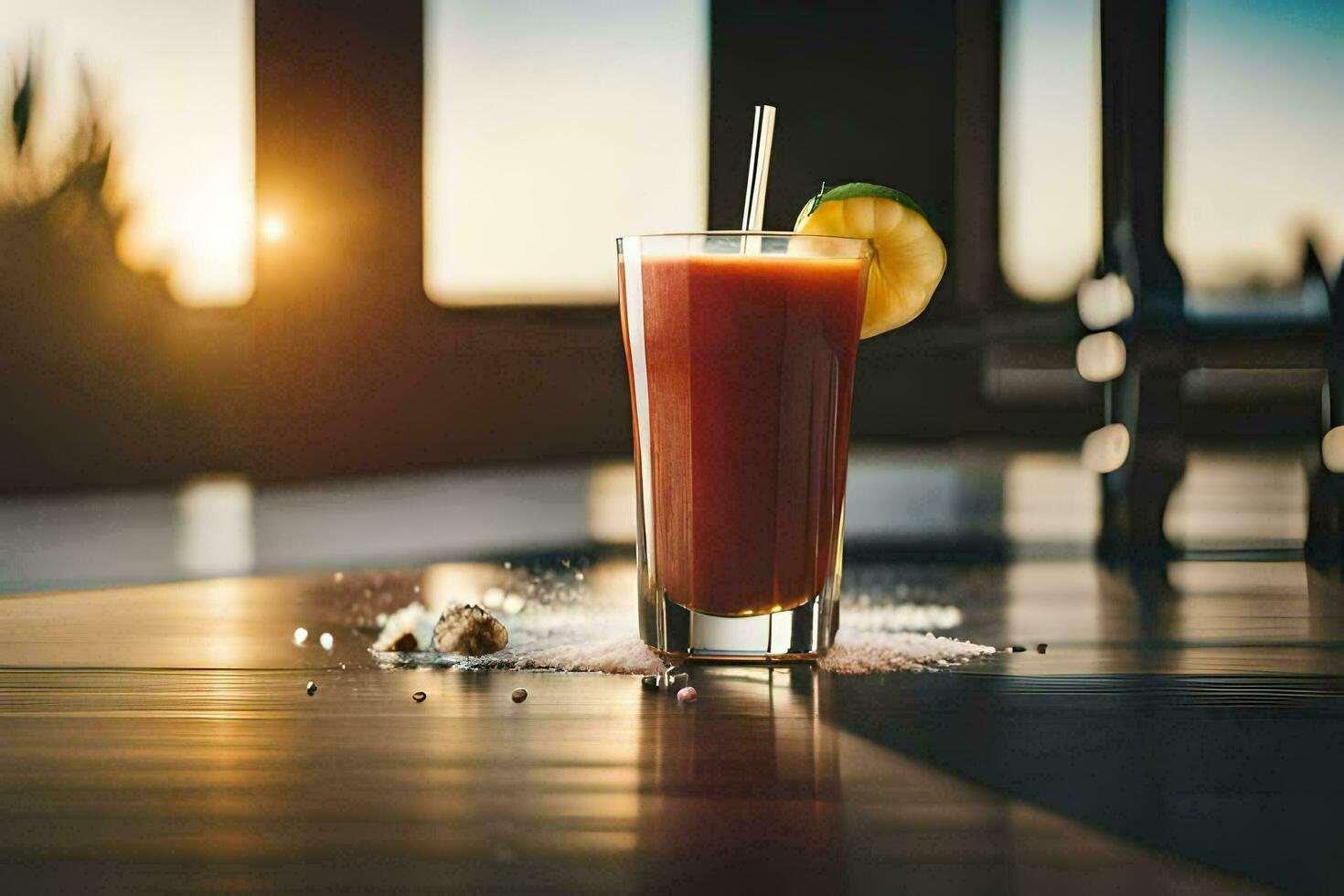 un vaso de sangre naranja jugo en un mesa. generado por ai foto