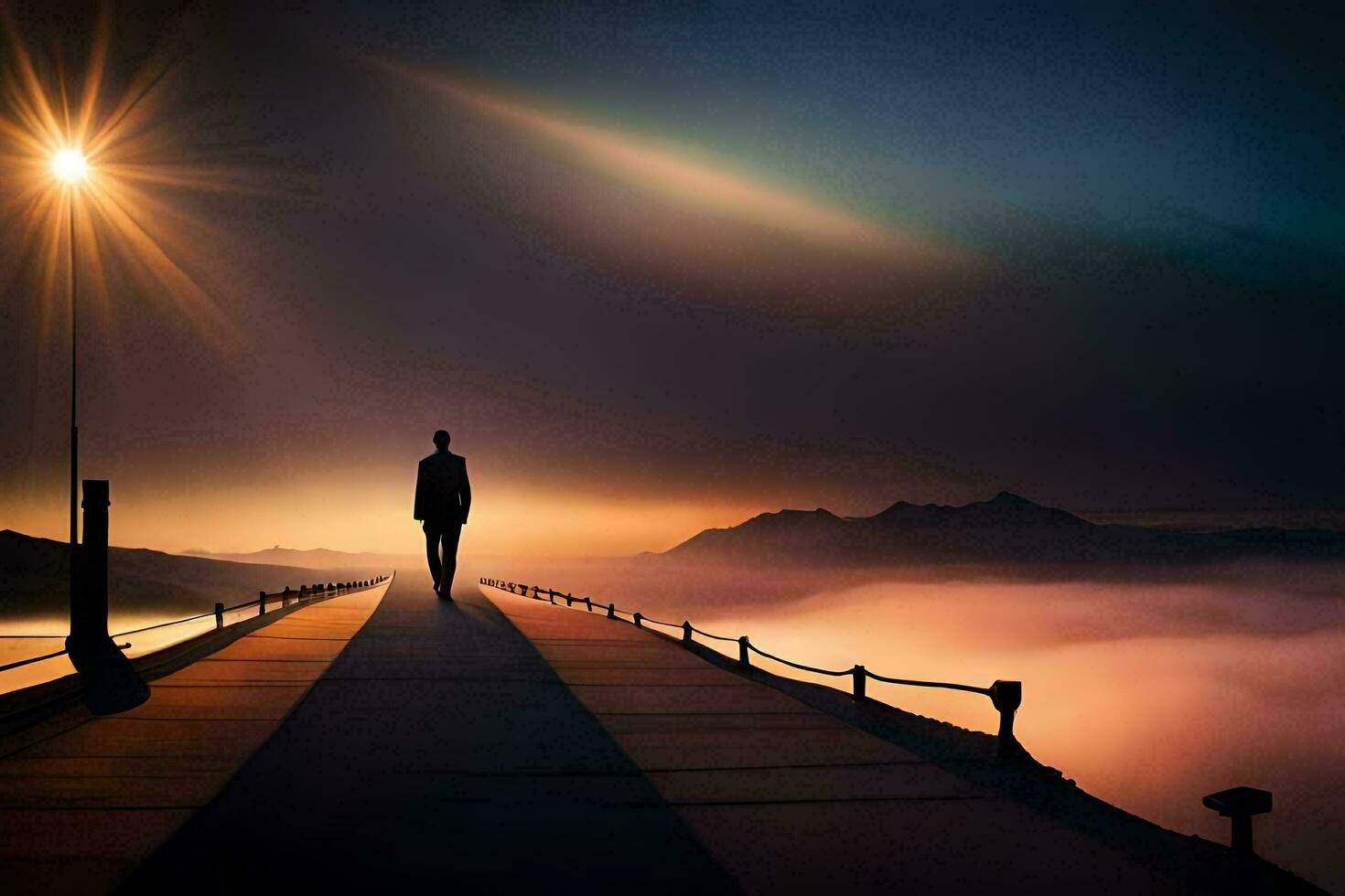 un hombre camina a lo largo un puente terminado el Oceano a puesta de sol. generado por ai foto
