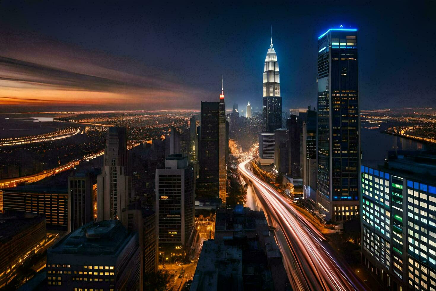 the city skyline at night with long exposure. AI-Generated photo