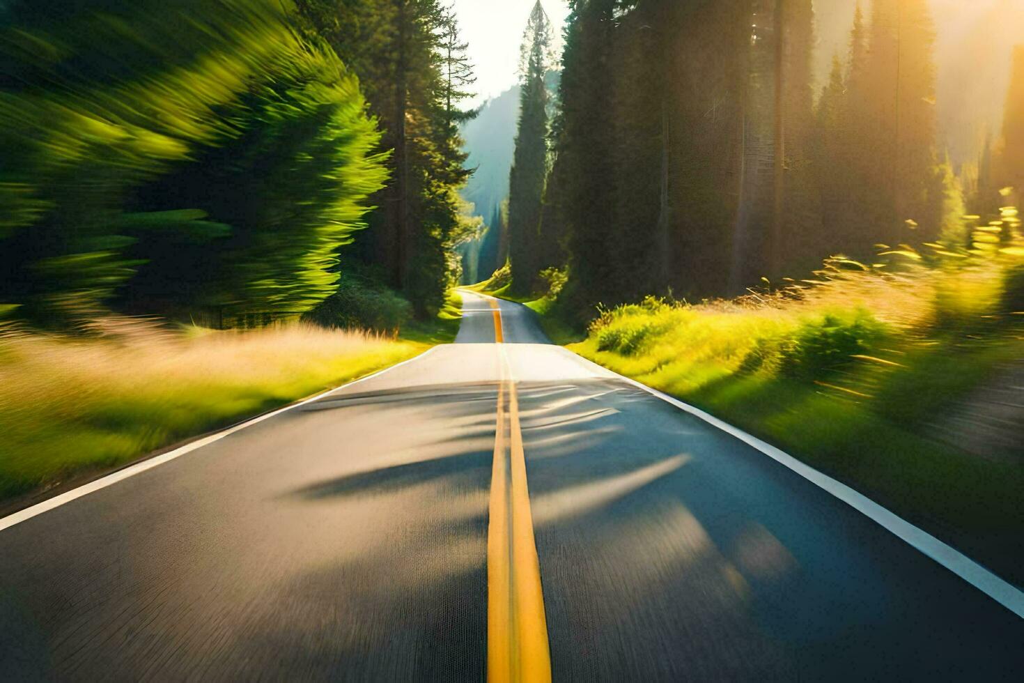 a road in the mountains with trees and sun. AI-Generated photo
