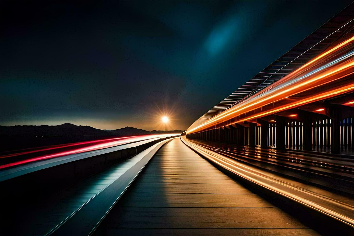 a long exposure photo of a train track at night. AI-Generated