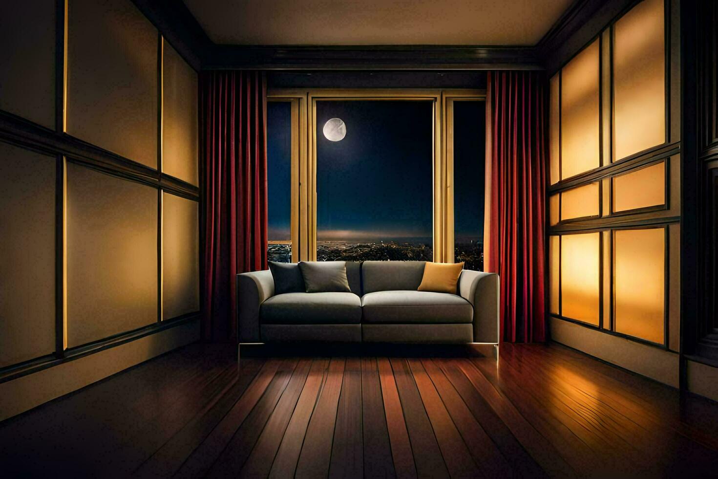 a room with a couch and a window with a view of the city. AI-Generated photo