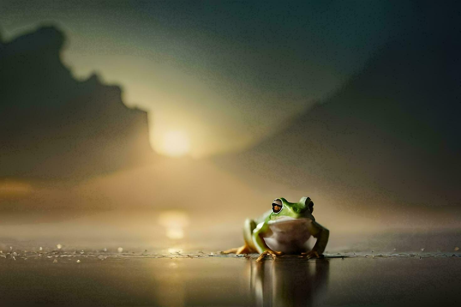 a frog sitting on the ground in front of a mountain. AI-Generated photo