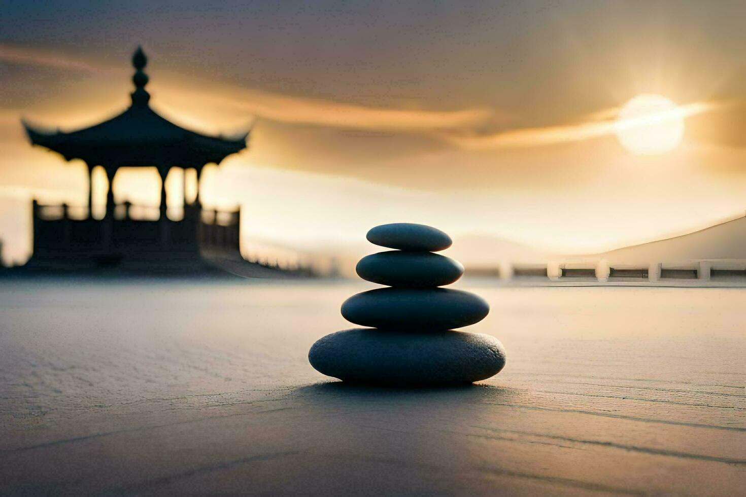 a stack of stones in front of a pagoda. AI-Generated photo