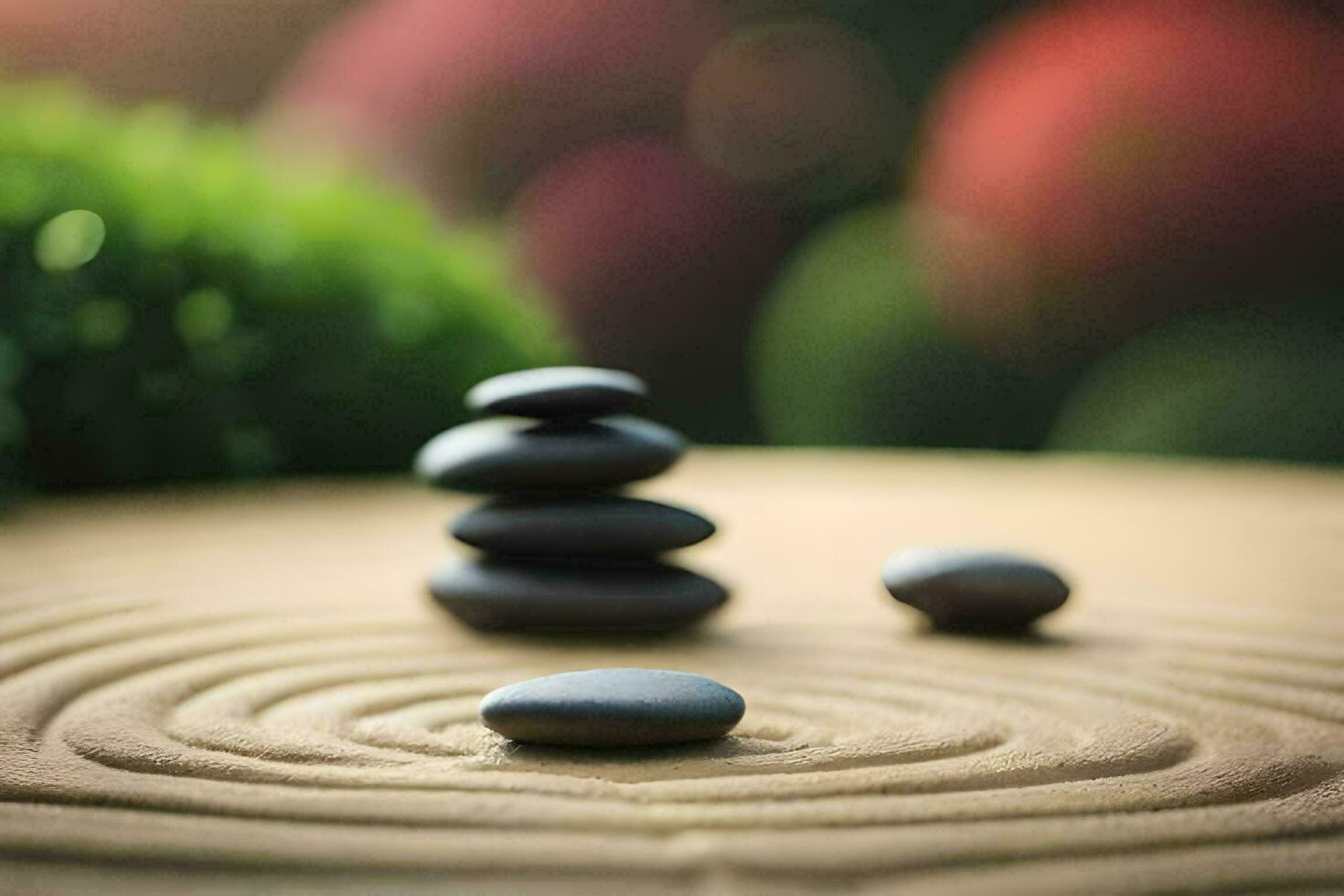 zen garden with stones and a green background. AI-Generated photo