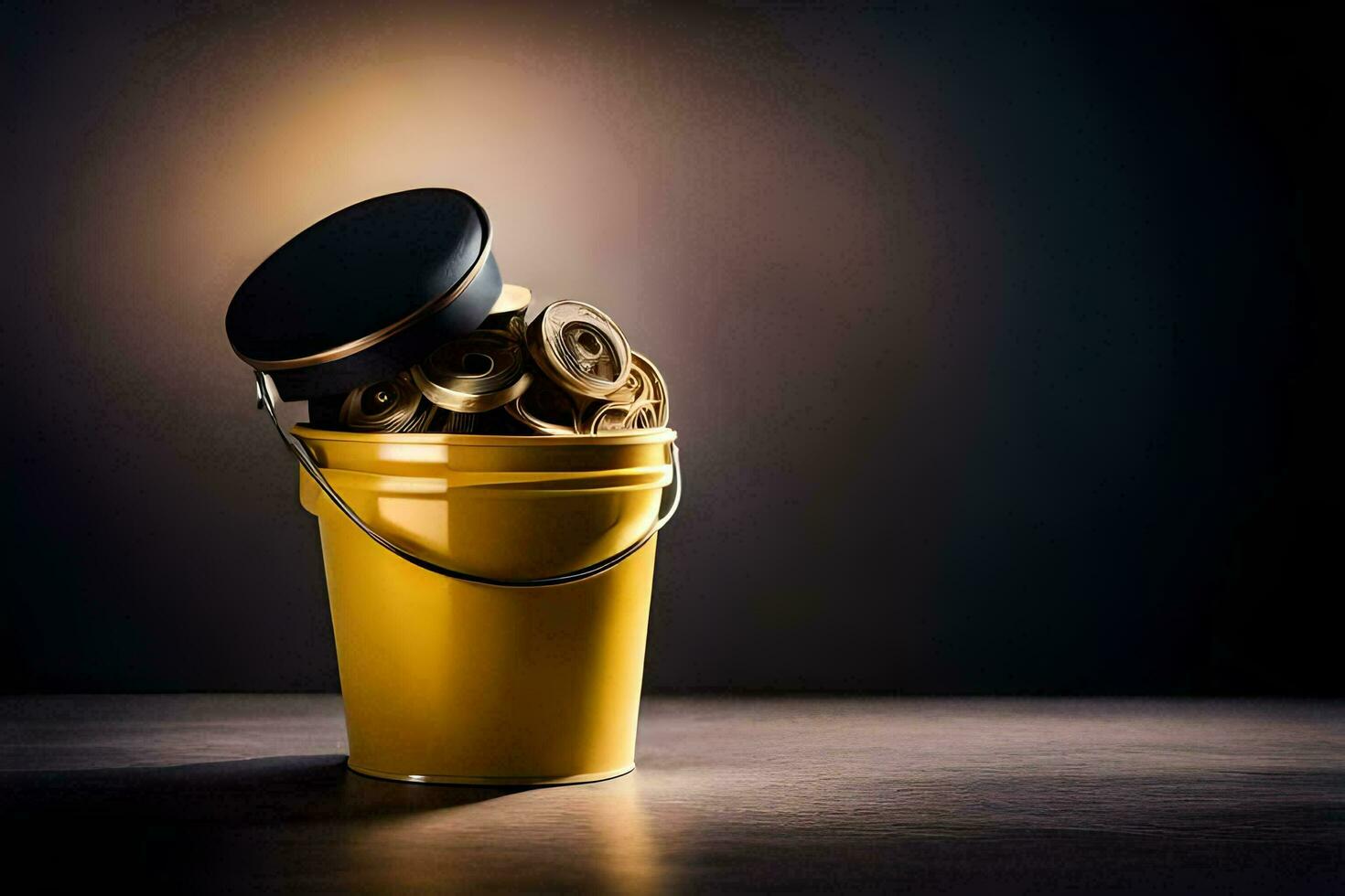 a yellow bucket filled with coins on a dark background. AI-Generated photo