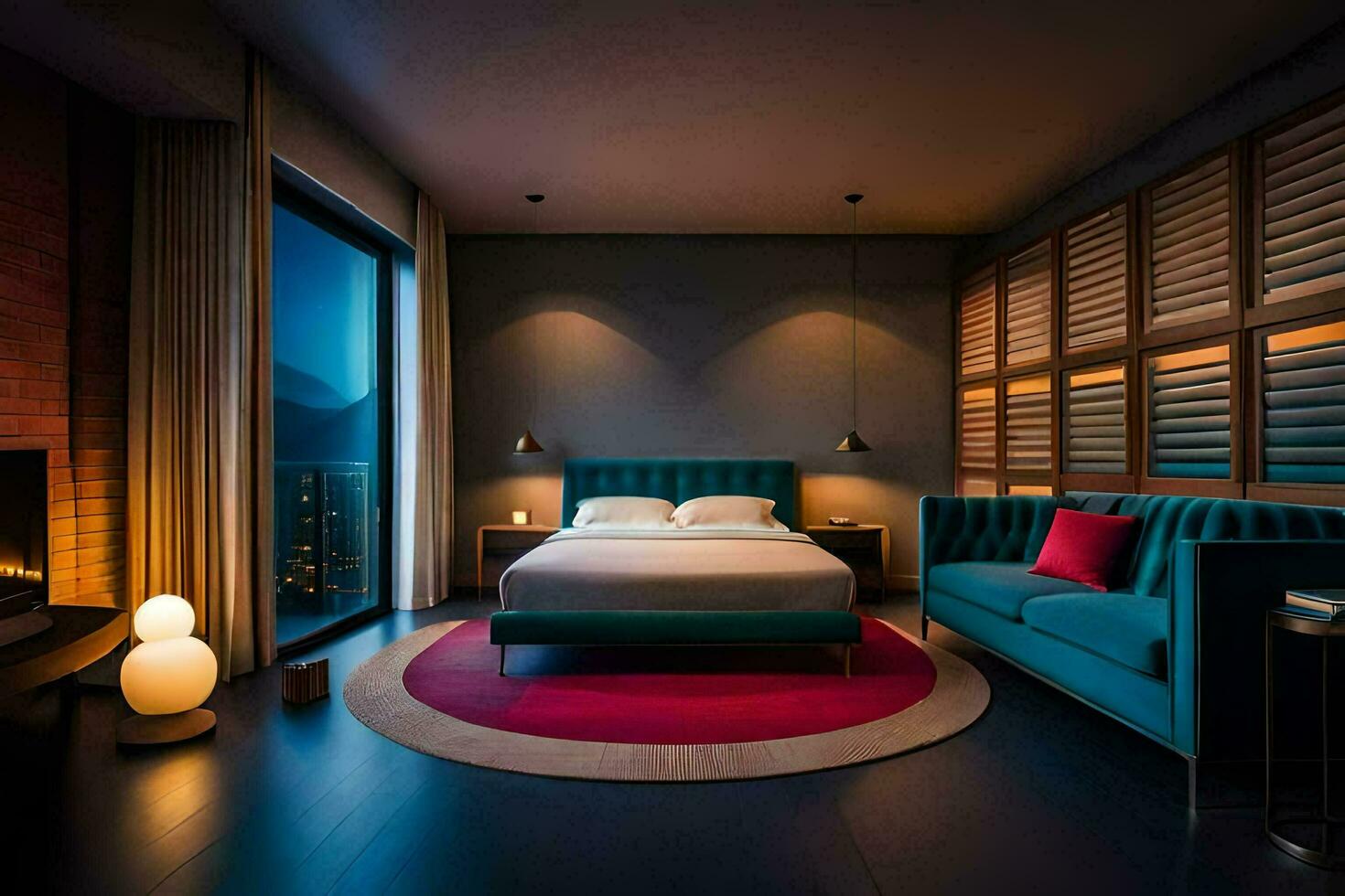 un dormitorio con un azul cama y un chimenea. generado por ai foto