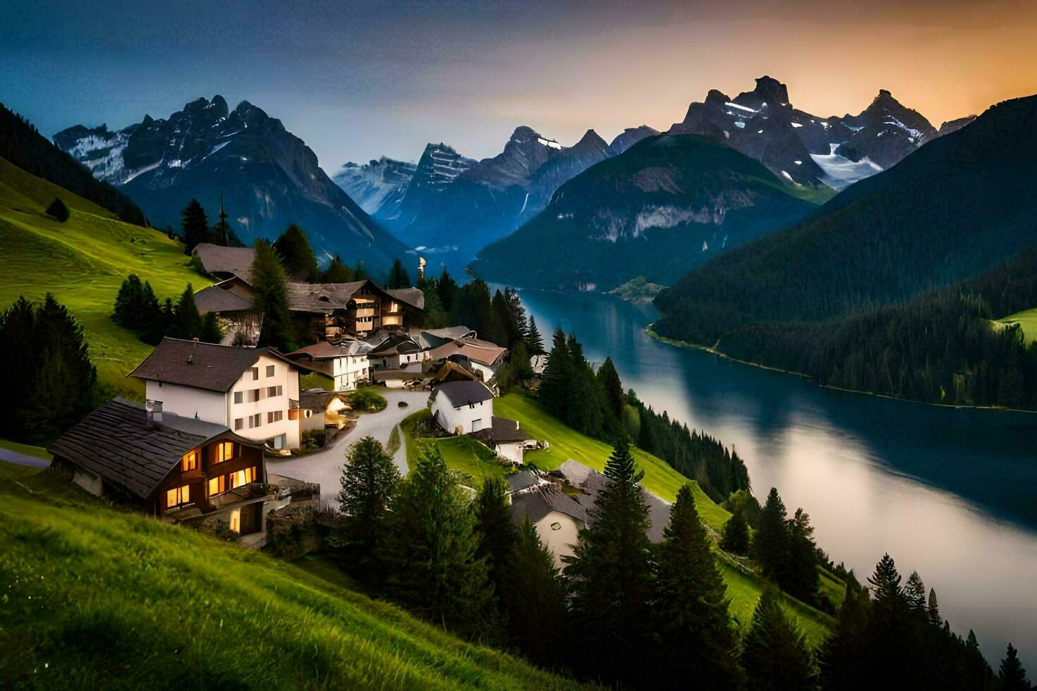 a village sits on the edge of a lake and mountains. AI-Generated photo
