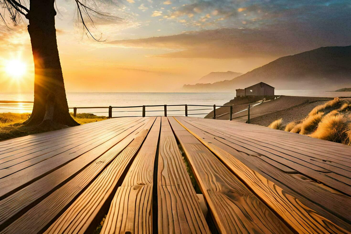 a wooden walkway leads to the beach at sunset. AI-Generated photo