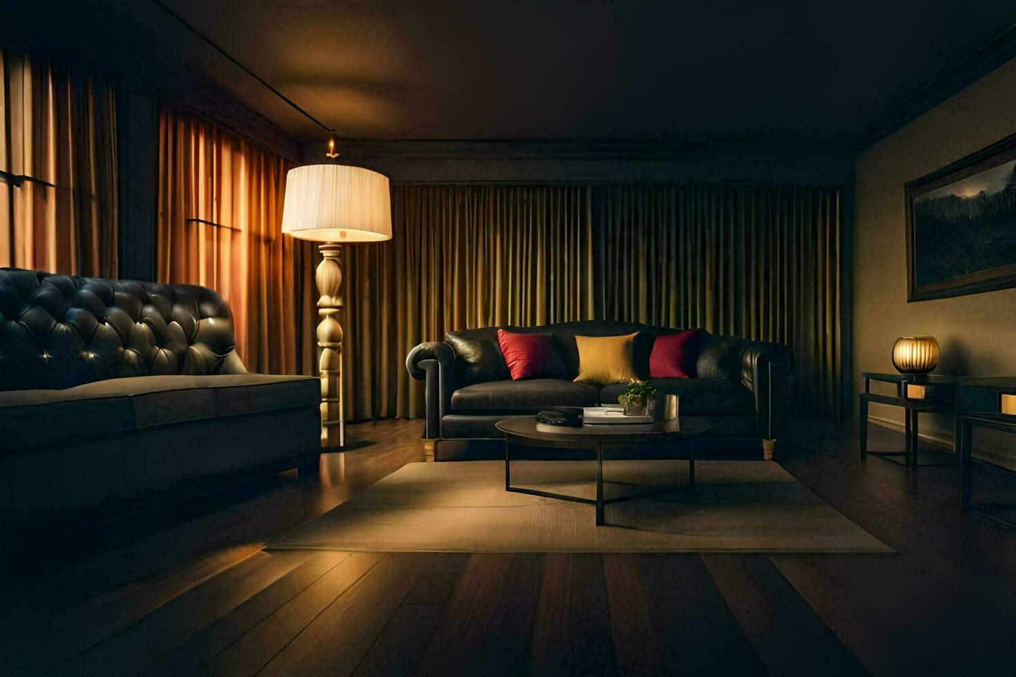 a living room with a couch, a lamp and a table. AI-Generated photo