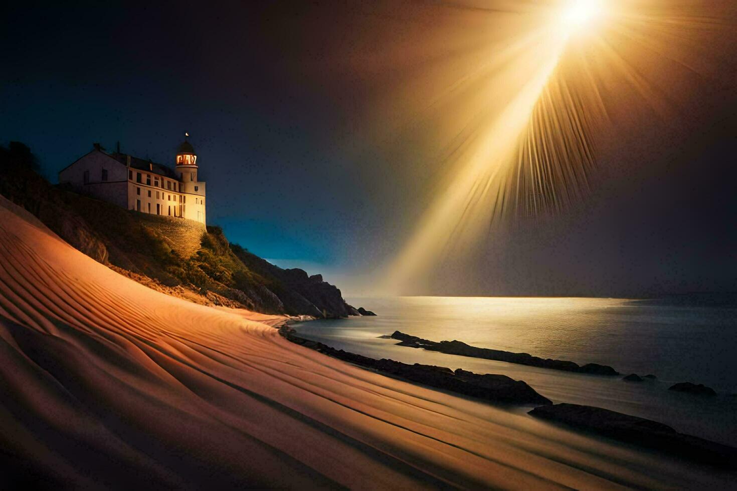 a lighthouse is seen in the distance on a beach. AI-Generated photo