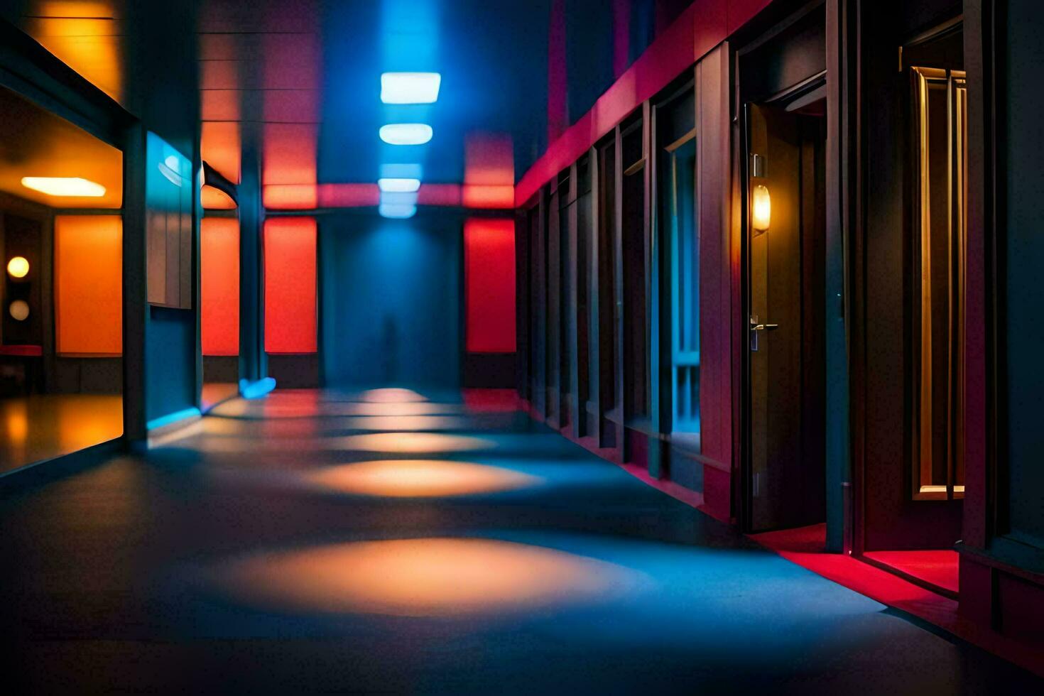 a hallway with red, blue and yellow lights. AI-Generated photo