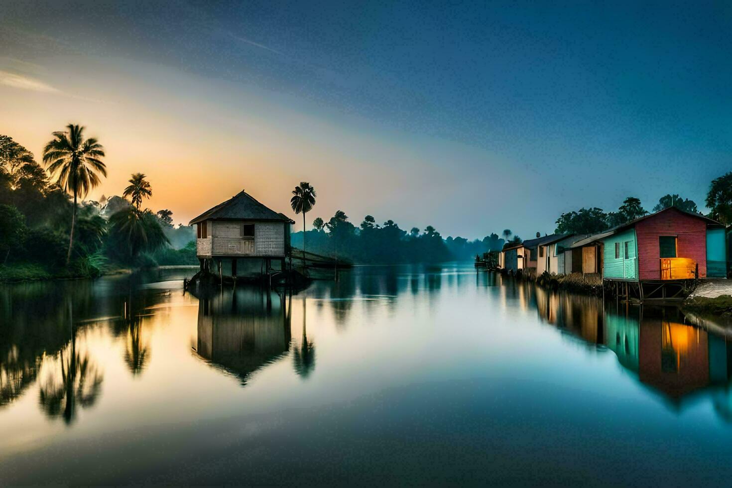 a river with houses on it at sunset. AI-Generated photo