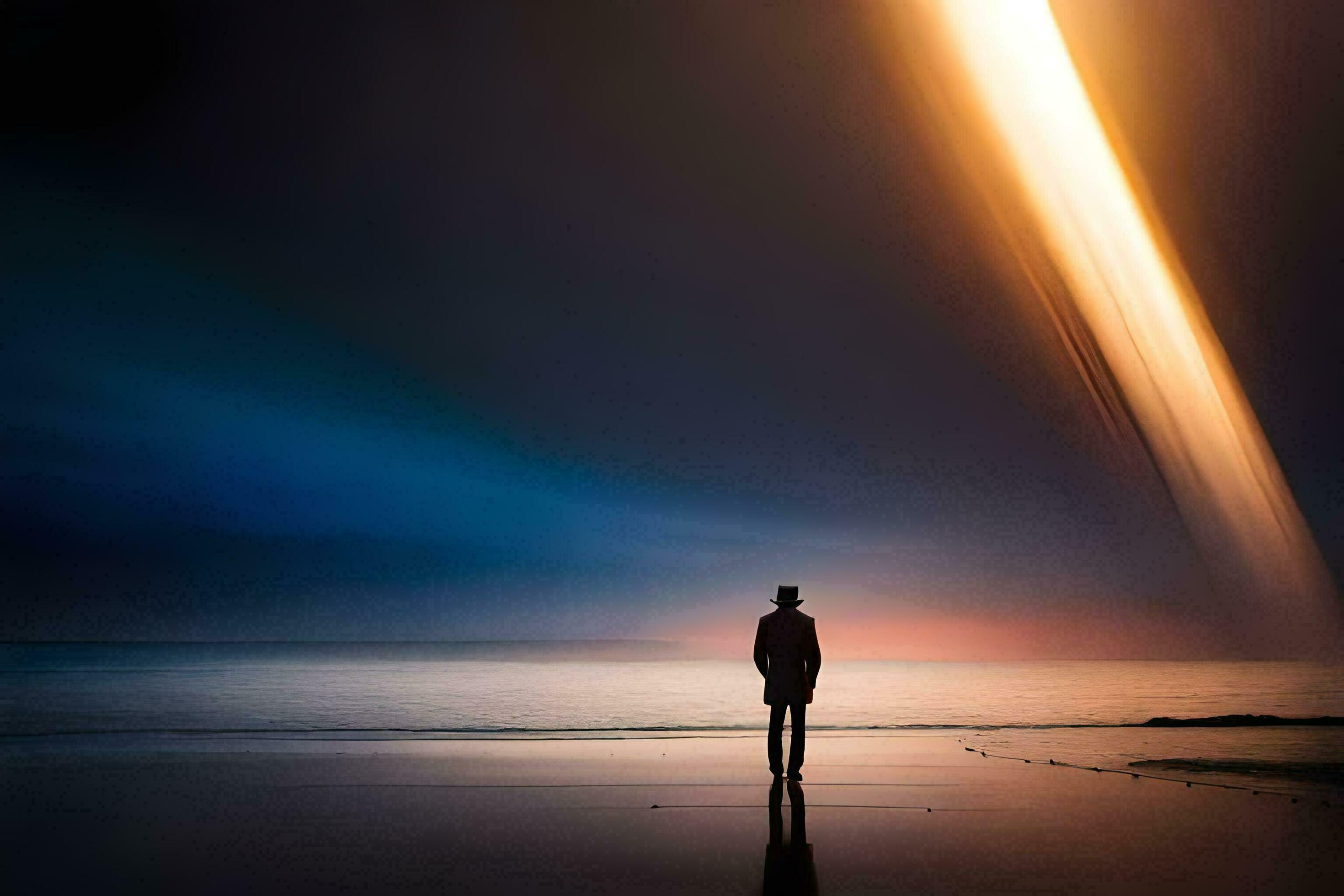 a person standing on the beach looking at a bright light. AIGenerated