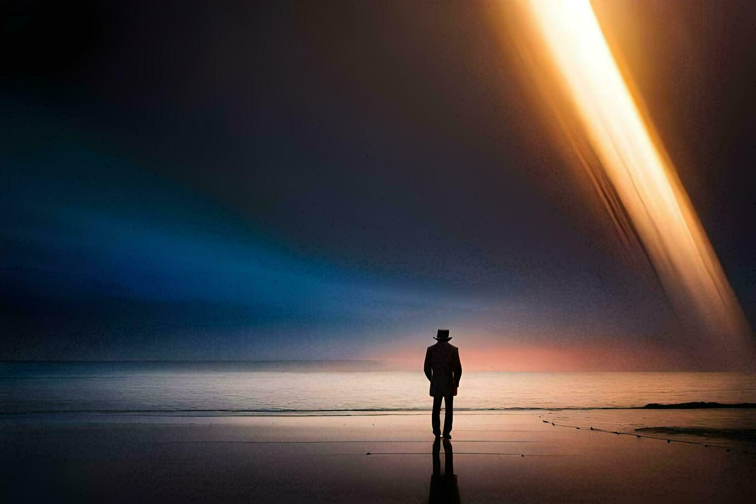 a person standing on the beach looking at a bright light. AI-Generated photo
