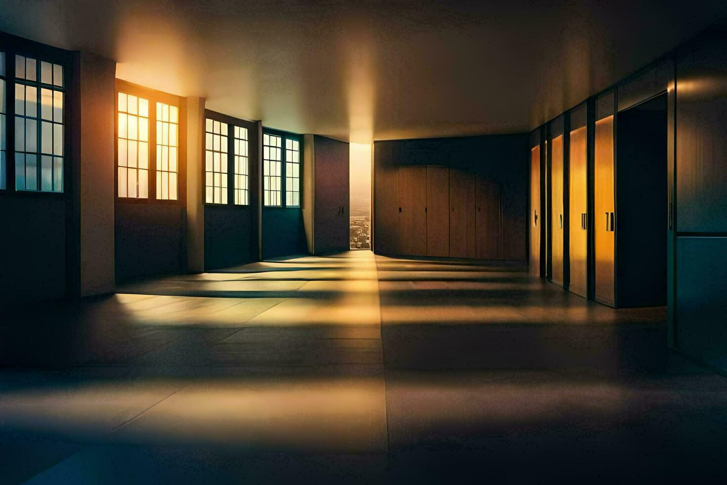 a long hallway with a sun shining through the window. AI-Generated photo