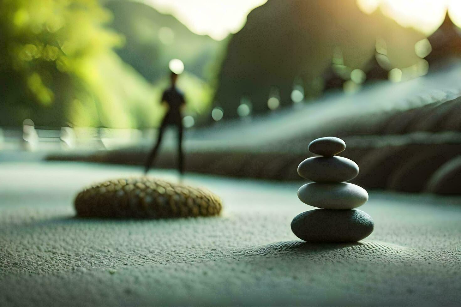 a man stands in front of a stack of rocks. AI-Generated photo