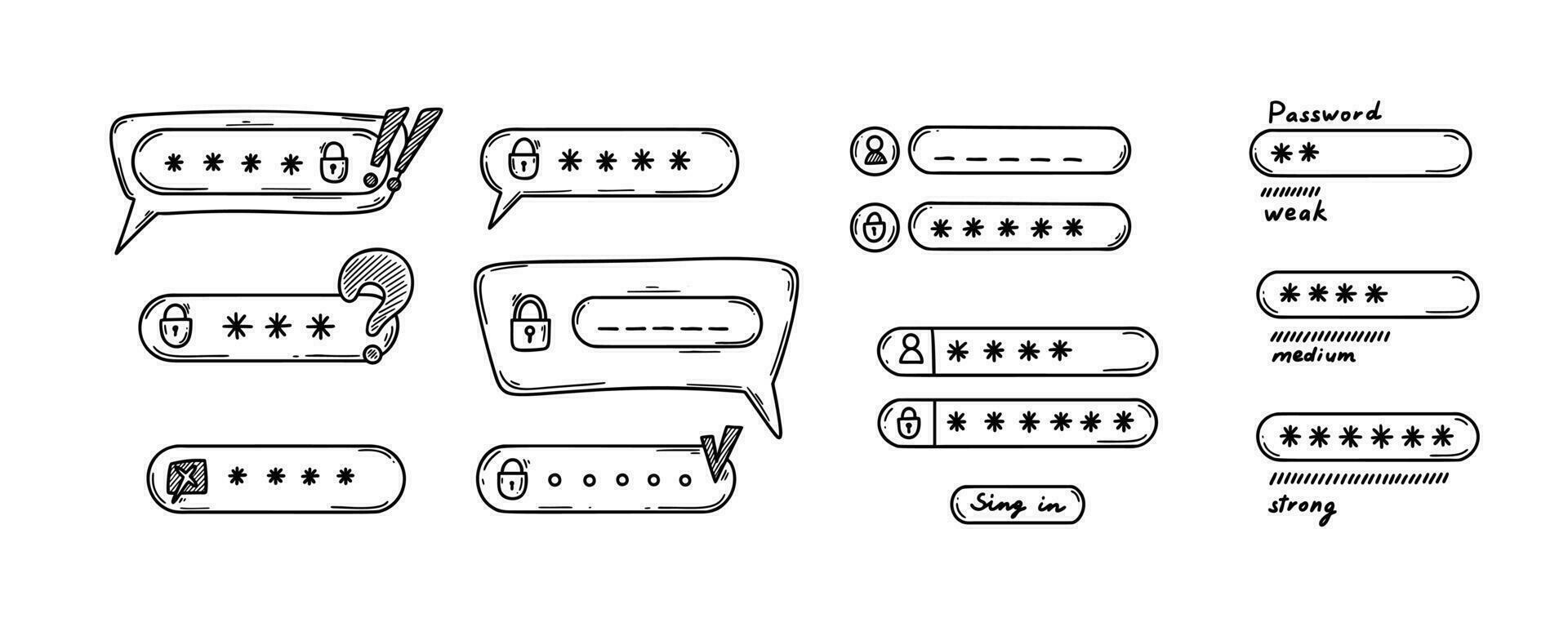 Verification doodle. Password weak, medium and strong interface. Login icon. Cybersecurity hand drawn concept. Personal data access lock. vector