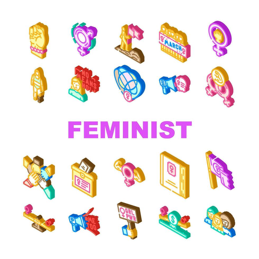 feminist female women icons set vector