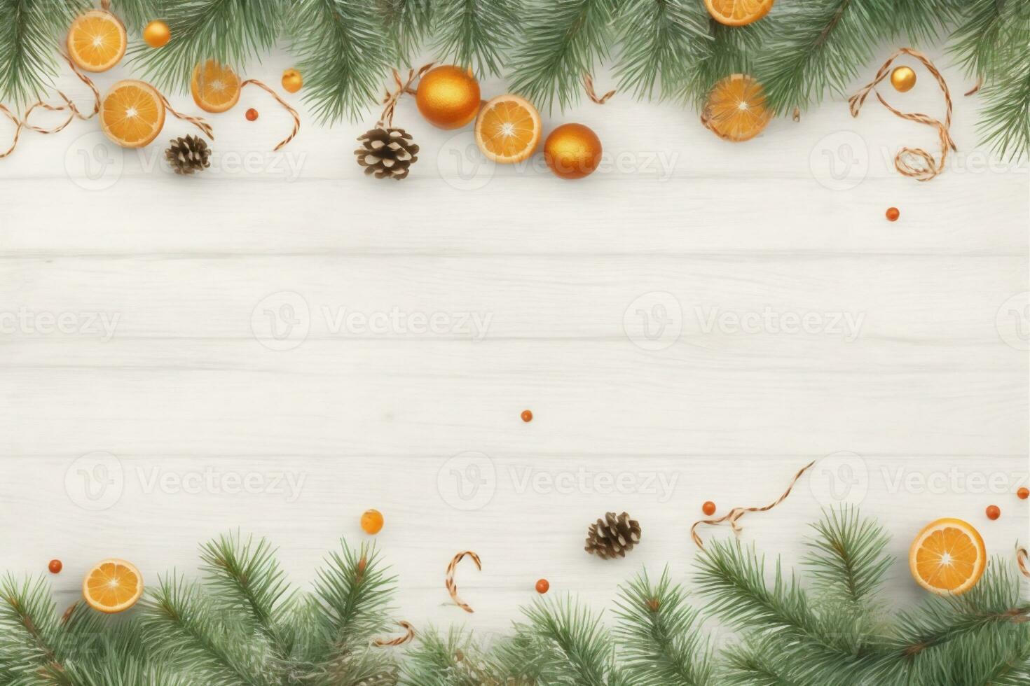christmas graphic with large space for text pine branches and decorations photo