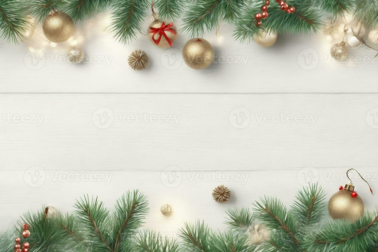 christmas graphic with large space for text pine branches and decorations photo
