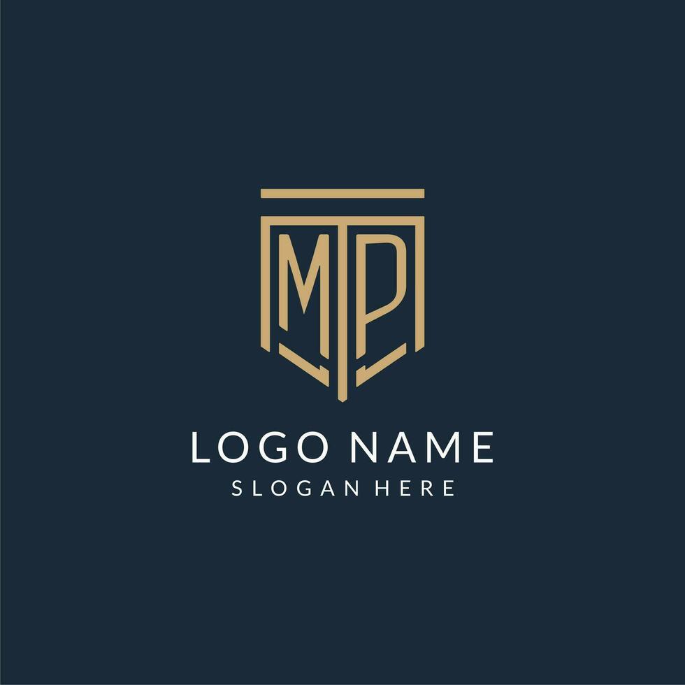 Initial MP shield logo monoline style, modern and luxury monogram logo design vector