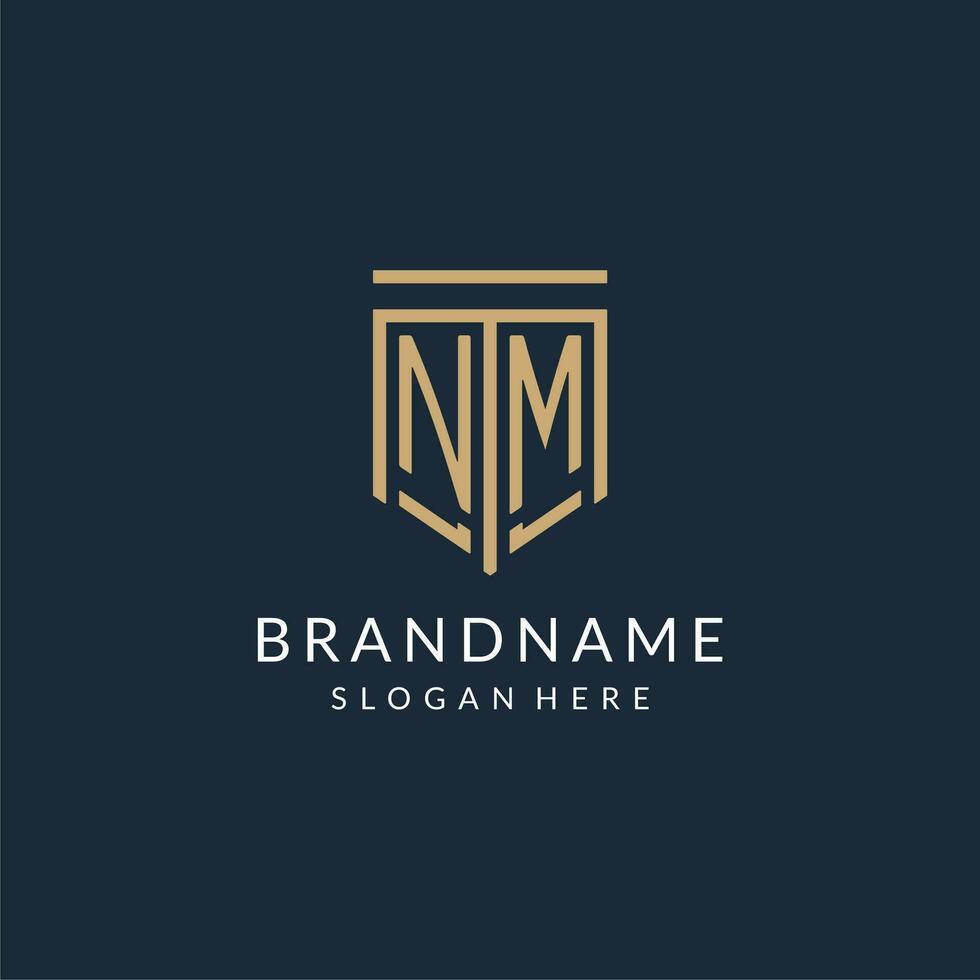 Initial NM shield logo monoline style, modern and luxury monogram logo design vector