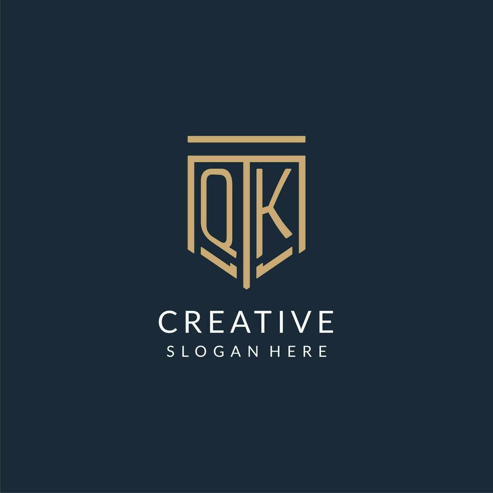 Initial QK shield logo monoline style, modern and luxury monogram logo design vector