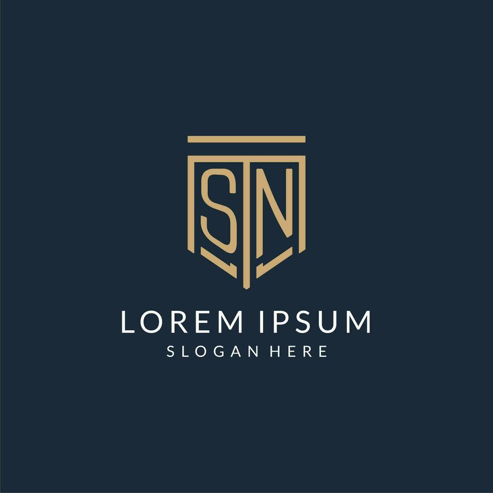 Initial SN shield logo monoline style, modern and luxury monogram logo design vector