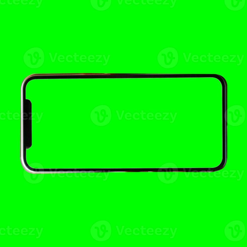 App demonstration mockup. Realistic mobile phone frame only, mockup with green chroma key screen, cellphone app template. photo