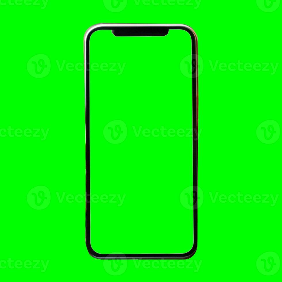 App demonstration mockup. Realistic mobile phone frame only, mockup with green chroma key screen, cellphone app template. photo