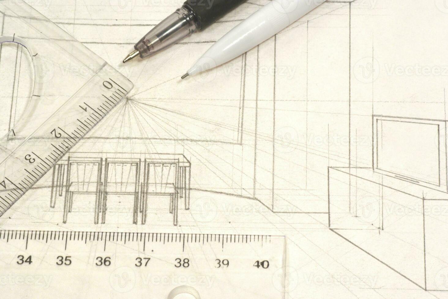 Project drawings on paper. Drawing with drawing supplies. Pen, pencil and drawing on paper photo