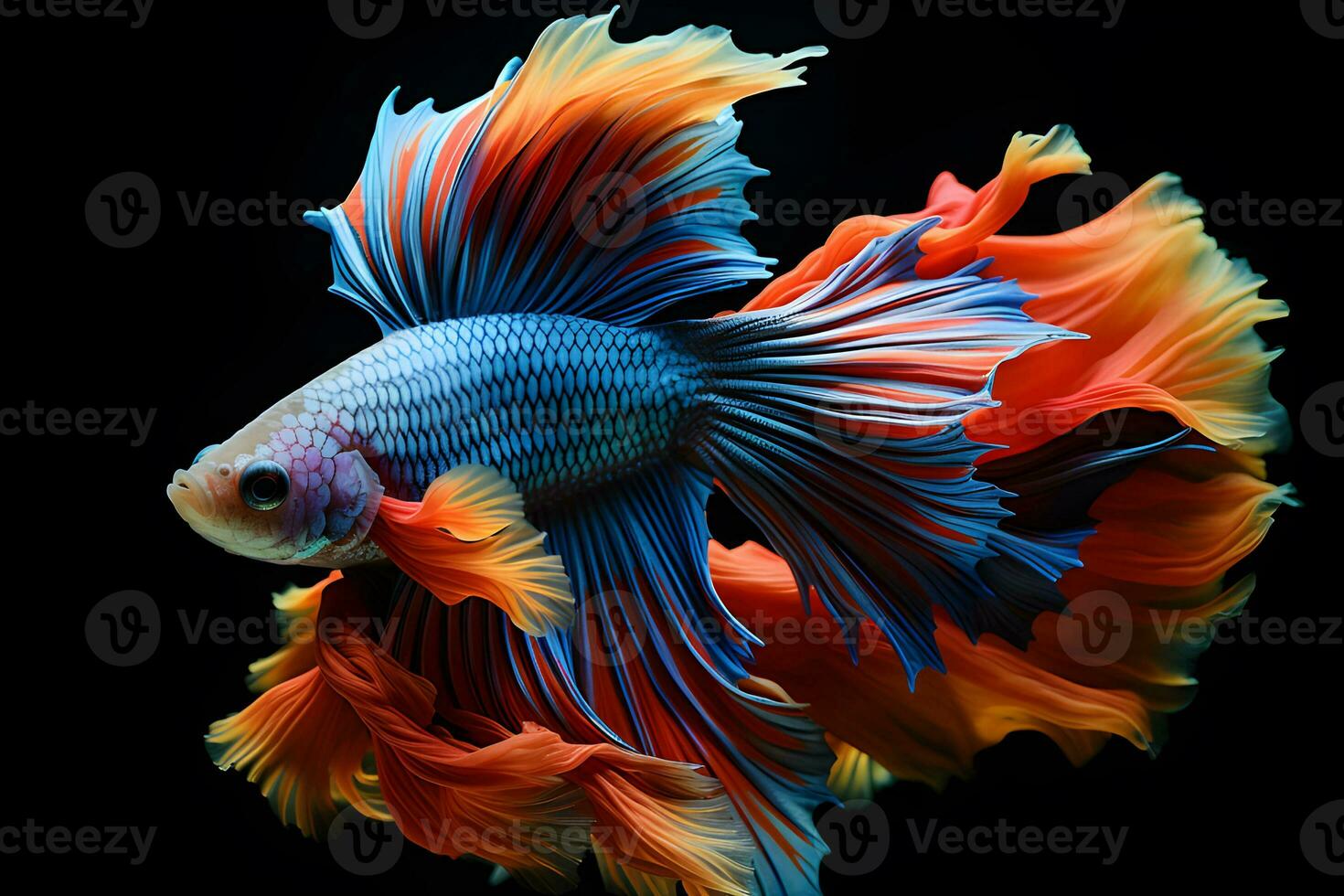 Small brightly colored betta fish isolated black background Generative A photo