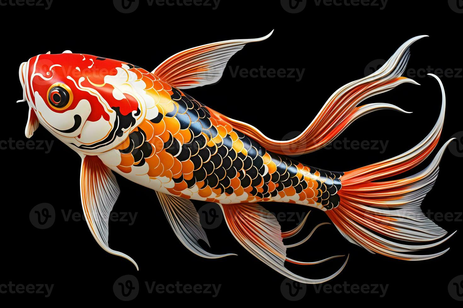 pequeño brillante de colores koi pescado aislado negro antecedentes generativo ai foto