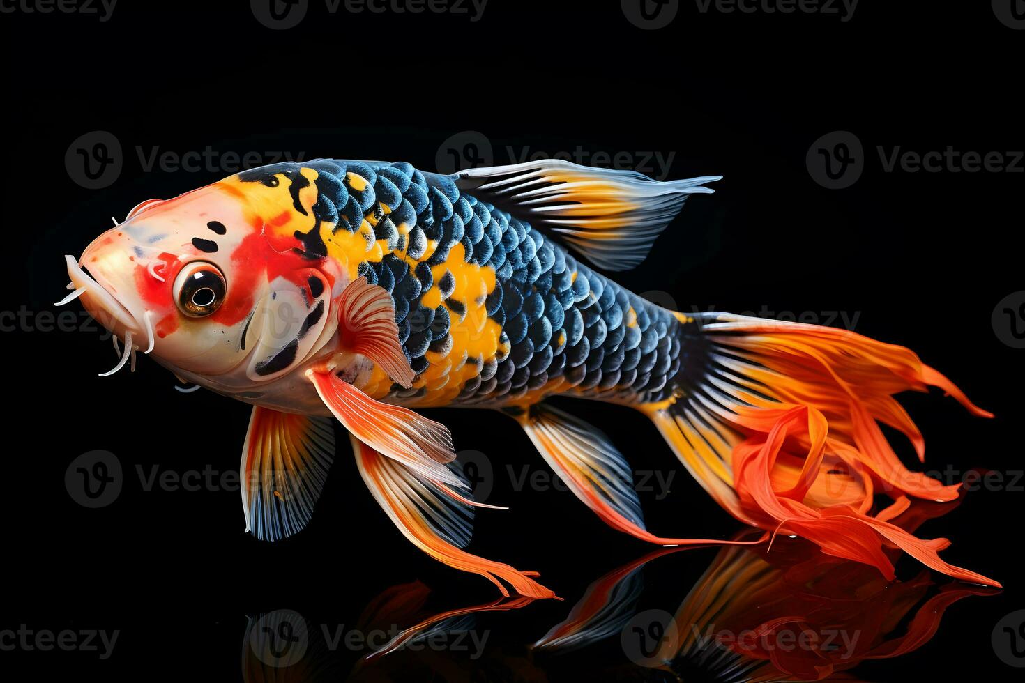 small bright colored koi fish isolated black background Generative AI photo