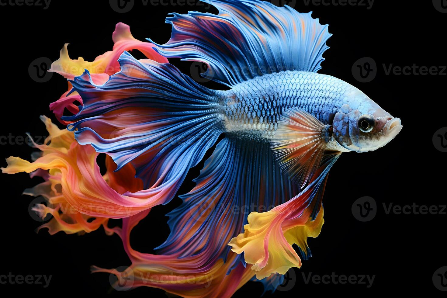 Small brightly colored betta fish isolated black background Generative A photo