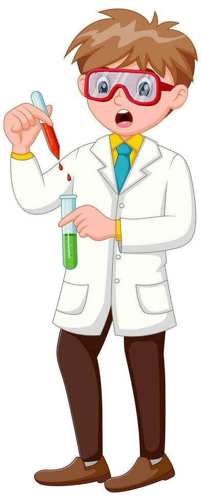 Cartoon boy doing chemical experiment. Vector illustration