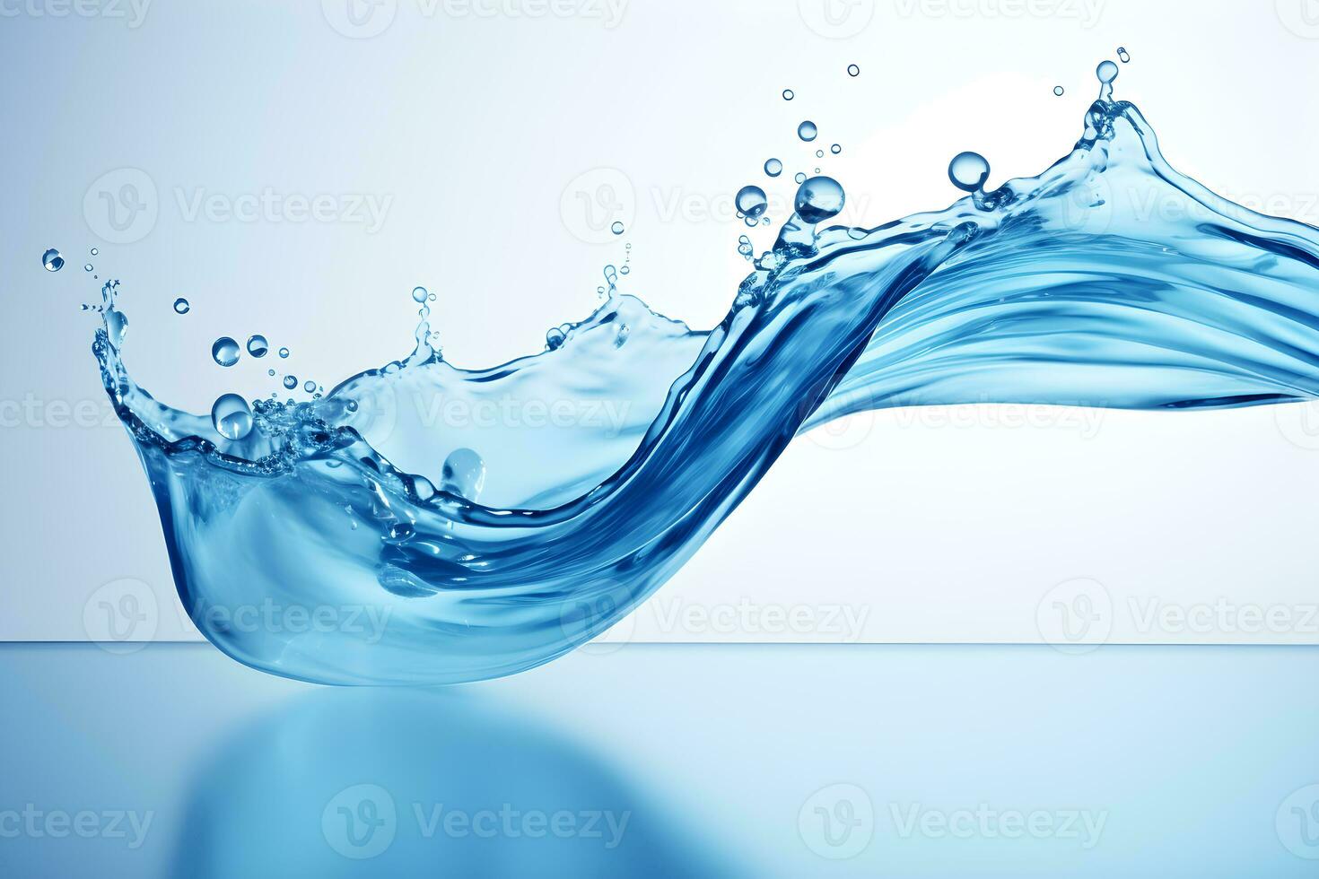 Blue water wave splashes and flow shapes with drops Generative AI photo