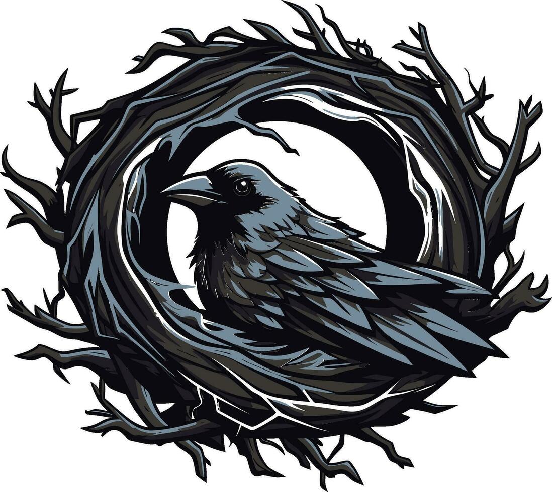 anidado en oscuridad negro pájaro nido arte aéreo arte en monocromo negro vector nido