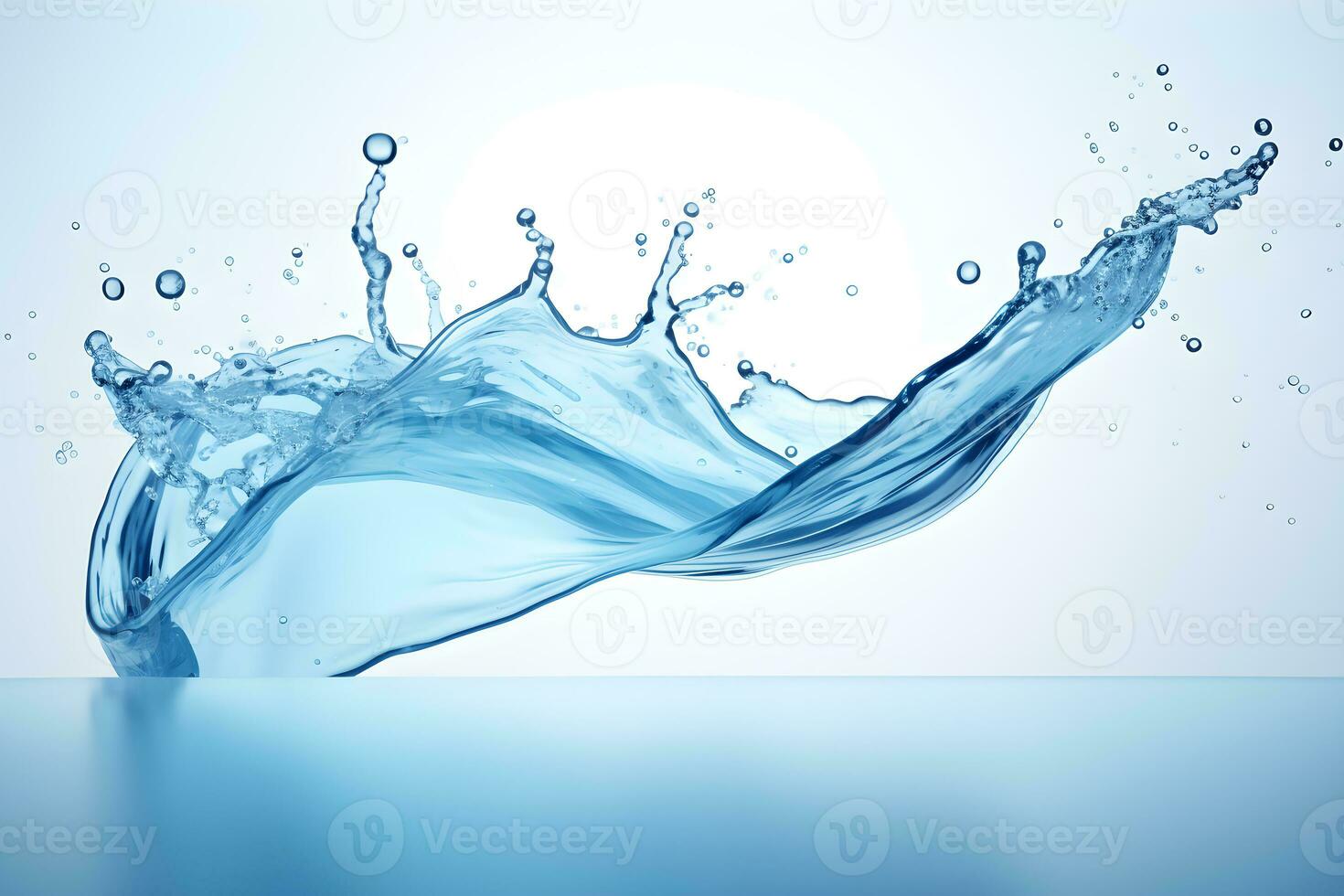 Blue water wave splashes and flow shapes with drops Generative AI photo