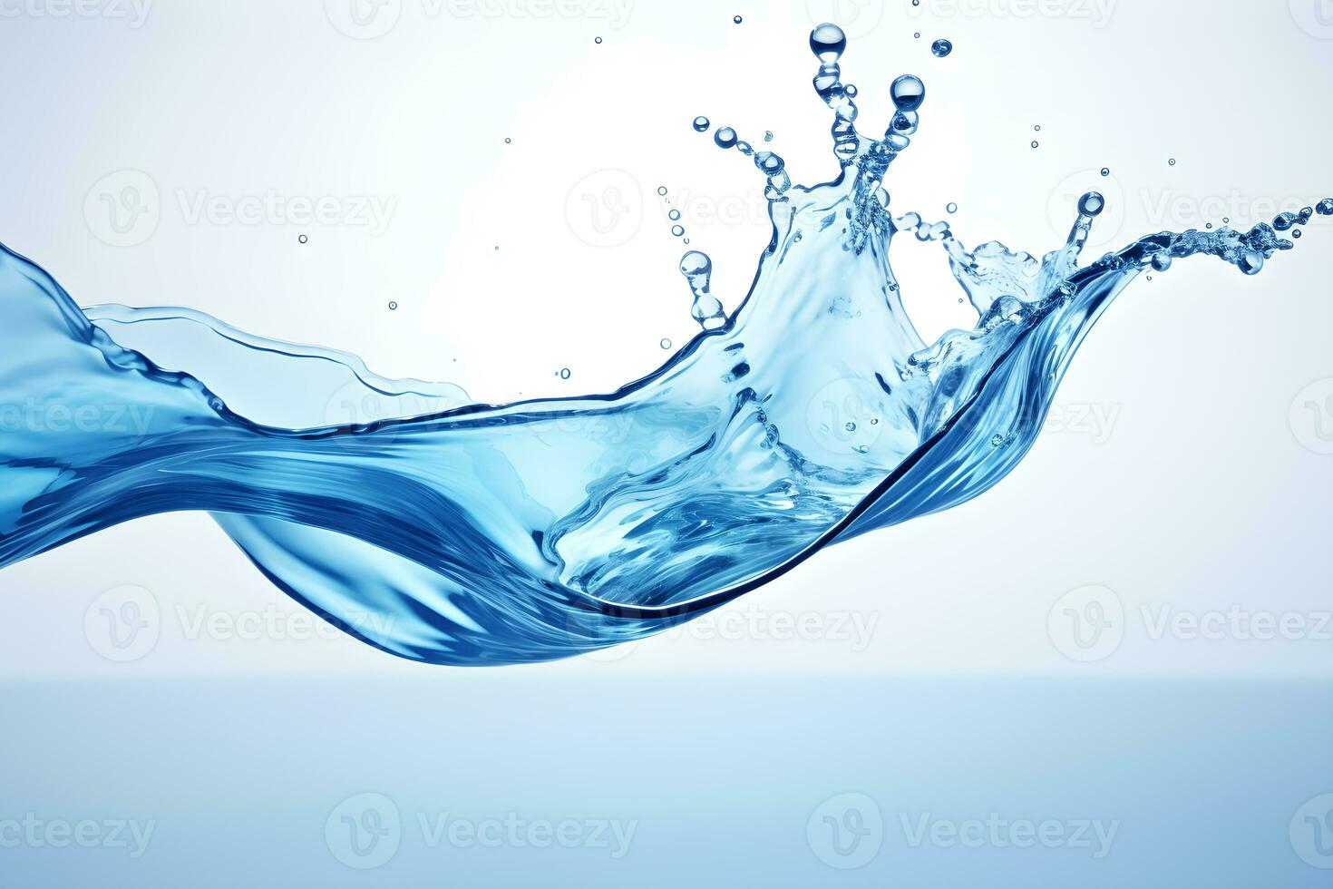 Blue water wave splashes and flow shapes with drops Generative AI photo