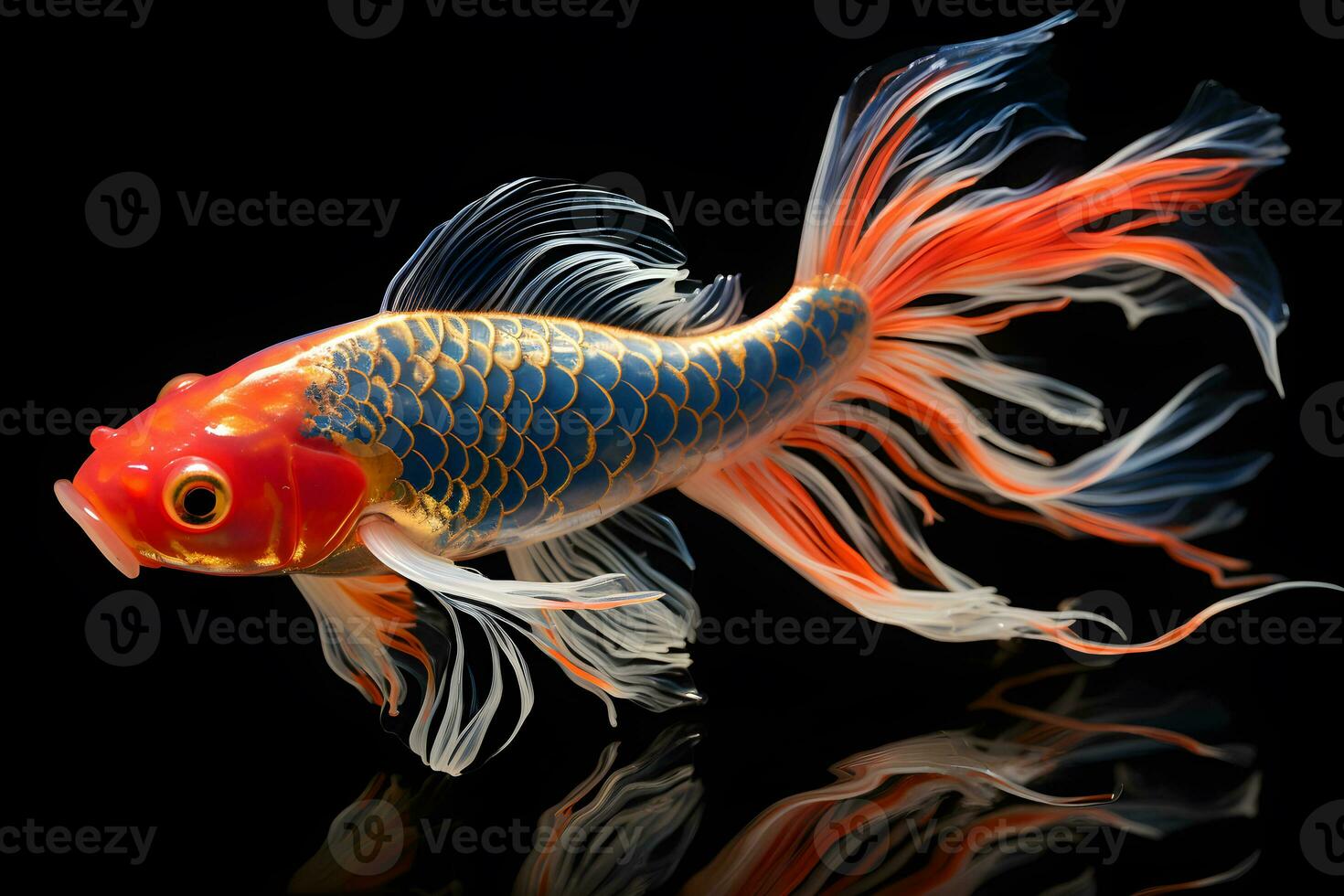 pequeño brillante de colores koi pescado aislado negro antecedentes generativo ai foto