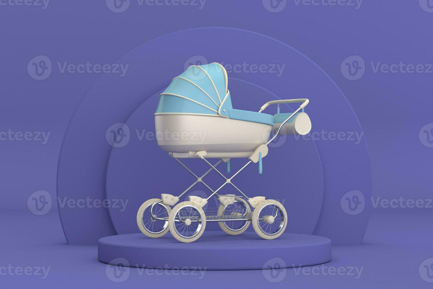 moderno azul bebé carro, paseante, cochecito terminado Violeta muy peri cilindros productos etapa pedestal. 3d representación foto